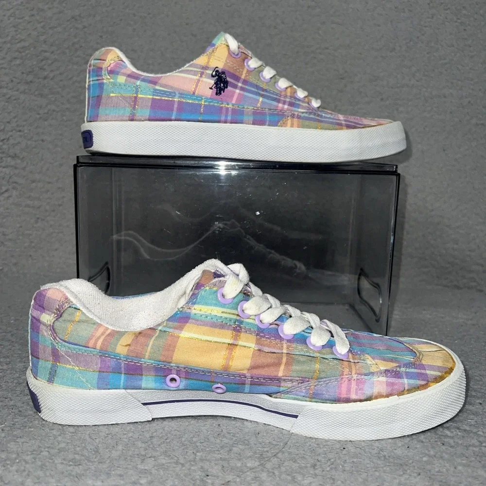 U.S. Polo Assn Sneakers Women's 9 Coral Plaid Fleece Lined Stitched Logo JTA2703